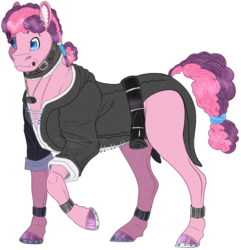 Size: 790x818 | Tagged: safe, artist:bijutsuyoukai, oc, oc only, earth pony, pony, belt, clothes, collar, jacket, jewelry, leather jacket, magical lesbian spawn, male, necklace, offspring, parent:inky rose, parent:pinkie pie, parents:inkypie, simple background, solo, stallion, transparent background
