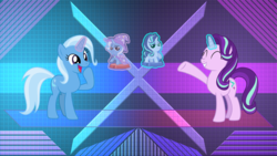 Size: 3840x2160 | Tagged: safe, artist:laszlvfx, budge studios, edit, starlight glimmer, trixie, g4, my little pony pocket ponies, female, glowing horn, high res, horn, magic, pocket ponies, smiling, wallpaper, wallpaper edit