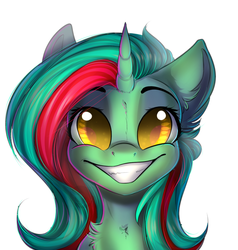 Size: 1024x1077 | Tagged: dead source, safe, artist:freckleplant, oc, oc only, oc:figure eight, pony, unicorn, bust, female, grin, mare, portrait, simple background, smiling, solo, white background