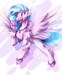 Size: 900x1100 | Tagged: safe, artist:lostdreamm, silverstream, classical hippogriff, hippogriff, g4, season 8, cloven hooves, cute, diastreamies, excited, female, flying, happy, open mouth, simple background, solo, spread wings, white background, wings