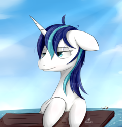 Size: 2074x2160 | Tagged: safe, artist:dashy21, shining armor, pony, g4, floppy ears, high res, male, plank, shipwreck, solo, water