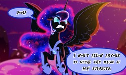 Size: 1594x959 | Tagged: safe, artist:light262, artist:lummh, edit, nightmare moon, alicorn, pony, comic:timey wimey, g4, angry, armor, cropped, ethereal mane, female, mare, missing accessory, solo, speech bubble, spread wings, starry mane, wings
