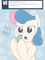 Size: 720x970 | Tagged: safe, artist:tiny-little-lyra, bon bon, lyra heartstrings, sweetie drops, earth pony, pony, unicorn, g4, ask, dialogue, eyes closed, female, lesbian, looking at you, mare, micro, open mouth, ship:lyrabon, shipping, size difference, smiling, tumblr