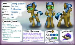 Size: 5000x3000 | Tagged: safe, artist:jesterpi, oc, oc:daring victoria, pegasus, pony, backstory, clothes, cutie mark, example, gold, pose, reference sheet, standing, sunglasses, ych result