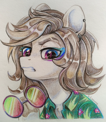 Size: 2160x2465 | Tagged: safe, artist:trickate, oc, oc only, pony, clothes, disgusted, ear piercing, earring, female, high res, jewelry, looking at you, makeup, mare, piercing, shirt, solo, traditional art, underhoof