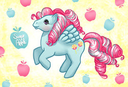 Size: 900x616 | Tagged: safe, artist:hinchen, sugar apple, pegasus, pony, g1, abstract background, blushing, candy cane pony, female, mare, solo, text