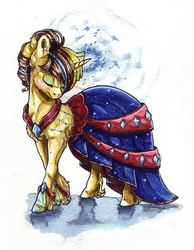 Size: 1577x2032 | Tagged: safe, artist:gaelledragons, oc, oc only, oc:paradox nebula, pony, unicorn, art trade, clothes, dress, female, magic, mare, peytral, solo, traditional art, watercolor painting