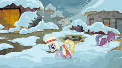 Size: 1440x809 | Tagged: safe, screencap, charcoal bakes, doctor whooves, flurry, time turner, earth pony, pony, g1, g4, hearth's warming eve (episode), background pony, bags under eyes, barn, clothes, earth pony tribe, female, hut, male, mare, snow, stallion, unnamed character, unnamed pony, village