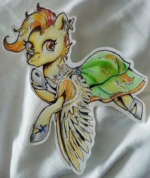 Size: 2860x3384 | Tagged: safe, artist:ilynalta, oc, oc only, oc:little flame, pegasus, pony, art trade, clothes, dress, high res, looking at you, see-through, shoes, solo, traditional art