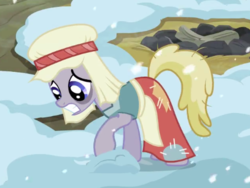 Size: 474x356 | Tagged: safe, screencap, flurry, earth pony, pony, g4, hearth's warming eve (episode), background pony, bags under eyes, clothes, cropped, earth pony tribe, female, mare, snow, solo