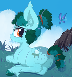 Size: 2139x2301 | Tagged: safe, artist:dragonpone, artist:paskanaakka, derpibooru exclusive, oc, oc only, oc:gleamblossom, butterfly, earth pony, pony, bags under eyes, butt, butt freckles, cloud, collaboration, colored, colored hooves, colored sketch, ear fluff, female, freckles, grass, high res, lidded eyes, looking back, mare, plot, prone, shoulder freckles, smiling, solo, tail wrap, unshorn fetlocks