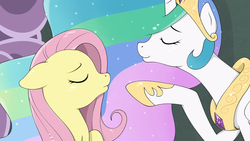 Size: 1920x1080 | Tagged: safe, artist:kirr12, fluttershy, princess celestia, alicorn, pegasus, pony, g4, horse play, bust, duo, ethereal mane, eyes closed, female, hoof shoes, mare, peytral, profile, reaching, scene interpretation, vector