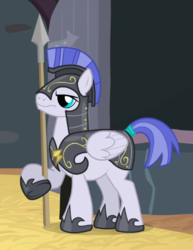 Size: 414x537 | Tagged: safe, screencap, pegasus, pony, g4, hearth's warming eve (episode), armor, background pony, cropped, guard, hoof hold, male, pegasus royal guard, pegasus tribe, royal guard, solo, spear, stallion, unnamed character, unnamed pony, weapon