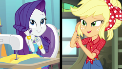 Size: 1920x1080 | Tagged: safe, applejack, rarity, equestria girls, equestria girls series, g4, rollercoaster of friendship, cellphone, geode of shielding, geode of super strength, phone, sewing machine, shipping fuel, smartphone, talking, youtube link