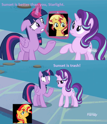 Size: 880x1024 | Tagged: safe, edit, edited screencap, screencap, starlight glimmer, sunset shimmer, twilight sparkle, alicorn, pony, g4, abuse, angry, background pony strikes again, crying, dialogue, discovery family logo, eea rulebook, happy, jealous, op is a duck, op is trying to start shit, op isn't even trying anymore, out of character, sad, shimmerbuse, shocked, thug, truth, twilight sparkle (alicorn)