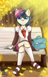 Size: 1200x1920 | Tagged: safe, artist:php97, artist:shadowreindeer, bon bon, sweetie drops, earth pony, anthro, plantigrade anthro, g4, :3, bag, bench, clothes, crepuscular rays, crossed legs, eye clipping through hair, female, leaves, long socks, sandals, school uniform, sitting, smiling, socks, solo