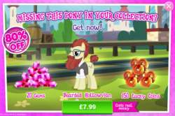 Size: 794x527 | Tagged: safe, gameloft, ginger beard, earth pony, pony, g4, my little pony: magic princess, the parent map, advertisement, beard, costs real money, facial hair, gem, introduction card, lucky coin, male, sale, stallion