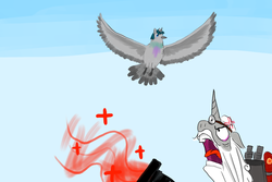 Size: 2400x1600 | Tagged: safe, artist:horsesplease, star swirl the bearded, stygian, bird, pigeon, g4, shadow play, angry, birdified, cross-popping veins, crying, flying, medic, medic (tf2), medigun, pun, random, sad, species swap, team fortress 2, yelling