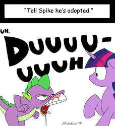 Size: 1240x1361 | Tagged: safe, artist:strebiskunk, spike, twilight sparkle, dragon, pony, ask horn warmer twilight, g4, adoption, adoption joke, comic, dialogue, drawn together, drool, duh, duo, faic, female, male, mare, signature, simple background, spit, spitting, spittle, teeth, text, tumblr comic, white background