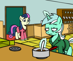 Size: 945x790 | Tagged: safe, artist:megasweet, edit, bon bon, lyra heartstrings, sweetie drops, earth pony, pony, unicorn, g4, bathrobe, chocolate pudding, clothes, cooking, crossover, duo, female, food, i've lost control of my life, indoors, kitchen, lost control of my life, lyra is not amused, making chocolate pudding, mare, meme, parody, pudding, reference, robe, rugrats, secret, unamused