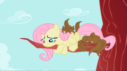 Size: 1440x811 | Tagged: safe, screencap, fluttershy, pegasus, pony, squirrel, g4, secret of my excess, animal, female, looking down, mare, scared, tree, tree branch
