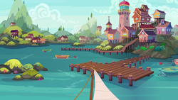 Size: 10659x6000 | Tagged: safe, artist:dragonchaser123, friendship university, g4, season 8, absurd resolution, background, boat, harbor, lighthouse, no pony, ocean, partly cloudy, pier, scenery, seaward shoals, stilts, town, vector
