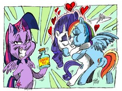 Size: 1280x951 | Tagged: safe, artist:grotezco, rainbow dash, rarity, twilight sparkle, alicorn, pegasus, pony, unicorn, semi-anthro, g4, the end in friend, aphrodisiac, embrace, evil smile, eyes closed, female, floating heart, grin, heart, kiss on the lips, kissing, lesbian, lesbianity, looking at you, mare, ship:raridash, shipping, smiling, twilight sparkle (alicorn)