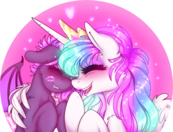Size: 2503x1910 | Tagged: safe, artist:aaa-its-spook, princess celestia, oc, oc:spook, alicorn, demon pony, pony, g4, blushing, canon x oc, crown, eyeshadow, fangs, female, giggling, glowing mane, horn, hug, jewelry, lesbian, lipstick, makeup, regalia, shipping, simple background, size difference, smiling, transparent background, winghug, wings