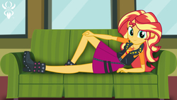 Size: 6830x3840 | Tagged: source needed, safe, artist:legendaryspider, sunset shimmer, human, equestria girls, equestria girls series, g4, text support, boots, clothes, couch, cutie mark, draw me like one of your french girls, female, geode of empathy, high heel boots, jacket, leather, leather jacket, legs, looking at you, magical geodes, reclining, relaxed, relaxing, shoes, show accurate, skirt, smiling, solo, text support: sunset shimmer, watermark