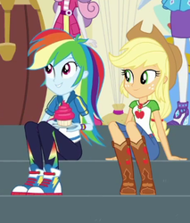 Size: 306x360 | Tagged: safe, screencap, applejack, rainbow dash, rarity, sweetie belle, equestria girls, equestria girls series, g4, happily ever after party, converse, cropped, cupcake, female, food, geode of super speed, geode of super strength, happily ever after party: applejack, magical geodes, offscreen character, shoes, sneakers