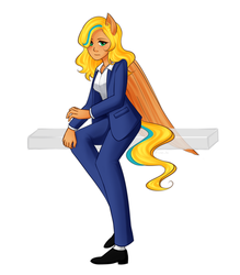Size: 2188x2500 | Tagged: safe, artist:liny-an, oc, oc only, oc:graceful wing, human, clothes, digital art, eared humanization, female, high res, humanized, humanized oc, pony coloring, request, sitting, solo, suit, tailed humanization, winged humanization