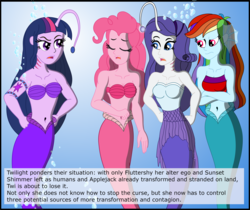 Size: 3617x3043 | Tagged: safe, artist:physicrodrigo, edit, editor:rmzero, part of a set, pinkie pie, rainbow dash, rarity, twilight sparkle, angler fish, mermaid, series:equestria mermaids, equestria girls, g4, angry, belly button, bioluminescent, bubble, clothes, confused, curse, cursed, cutie mark, dialogue, dress, eyes closed, female, fins, flowing mane, frown, gills, high res, implied applejack, implied fluttershy, implied sci-twi, implied sunset shimmer, looking at each other, looking at someone, mermaidized, midriff, ocean, open mouth, part of a series, seashell bra, shell, species swap, swimming, underwater, water