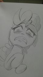 Size: 2340x4160 | Tagged: safe, artist:초보놀이, pinkie pie, earth pony, pony, g4, black and white, disgusted, female, grayscale, looking down, monochrome, solo, traditional art