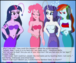 Size: 3617x3043 | Tagged: safe, artist:physicrodrigo, edit, editor:rmzero, part of a set, pinkie pie, rainbow dash, rarity, twilight sparkle, angler fish, mermaid, series:equestria mermaids, equestria girls, g4, angry, belly button, bioluminescent, bubble, clothes, confused, curse, cursed, cutie mark, dialogue, dress, eyes closed, female, fins, flowing mane, frown, gills, high res, implied applejack, looking at each other, looking at someone, mermaidized, midriff, ocean, open mouth, part of a series, seashell bra, shell, species swap, swimming, underwater, water