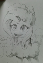 Size: 2340x3393 | Tagged: safe, artist:초보놀이, fluttershy, sheep, black and white, clothes, costume, fluttersheep, grayscale, korean, monochrome, speech bubble, traditional art, translated in the description
