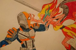 Size: 1024x669 | Tagged: safe, artist:dncsamsonart, sunset shimmer, equestria girls, g4, crossover, crossover battle, deathstroke, deathstroke the terminator, slade, slade wilson, sunset satan, teen titans, traditional art