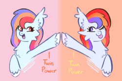 Size: 3760x2500 | Tagged: safe, artist:chirpy-chi, edit, oc, oc only, oc:sunrise stratus, oc:sunset stratus, expressions, high res, hoofbump, stratus twins, twins