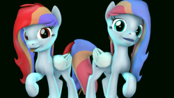 Size: 1280x720 | Tagged: safe, artist:loveslove, oc, oc only, oc:sunrise stratus, oc:sunset stratus, pegasus, pony, 3d, black background, duo, female, mare, simple background, stratus twins, tongue out