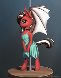 Size: 2740x3464 | Tagged: safe, alternate version, artist:lunebat, oc, oc only, oc:day starter, bat pony, pony, bat pony oc, bipedal, clothes, female, high res, nightgown, pole, pole dancing, solo, standing, stripper pole