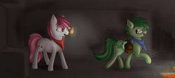 Size: 1599x715 | Tagged: safe, artist:deerdraw, oc, oc only, oc:cherry cerise, oc:hickory leaf, earth pony, pony, cave, commission, ear piercing, female, glasses, lava, male, minecraft, pickaxe, piercing, walking