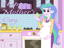 Size: 1280x960 | Tagged: safe, artist:myfavoritepreggopics, princess celestia, principal celestia, equestria girls, g4, apron, belly, big belly, clothes, cupcake, food, frosting, momlestia, mother's day, outie belly button, oven, preglestia, pregnant, pregnant equestria girls, smiling