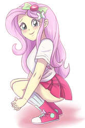 Size: 2315x3491 | Tagged: safe, artist:sumin6301, fluttershy, equestria girls, g4, blushing, clothes, converse, cute, female, gradient background, hands together, high res, legs, looking at you, miniskirt, pleated skirt, schrödinger's pantsu, shoes, shyabetes, skirt, smiling, sneakers, socks, solo, squatting, tank top, thighs
