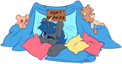 Size: 6921x3643 | Tagged: safe, artist:cutepencilcase, oc, oc only, pony, unicorn, blanket fort, cute, mouth hold, one eye closed, pillow, plushie, simple background, solo, transparent background, wink