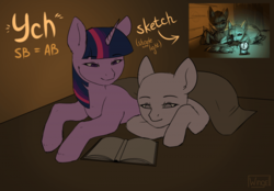 Size: 700x486 | Tagged: safe, artist:wingell, twilight sparkle, oc, pony, g4, advertisement, blanket, book, commission, duo, sketch, your character here