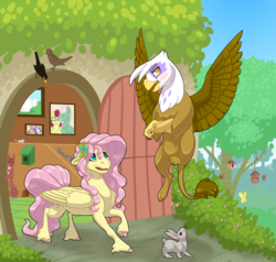 Size: 2000x1900 | Tagged: safe, artist:jackiebloom, angel bunny, fluttershy, gentle breeze, gilda, posey shy, griffon, pegasus, pony, rabbit, g4, apology, colored hooves, female, fluttershy's cottage, mare, unshorn fetlocks