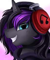 Size: 1446x1764 | Tagged: safe, artist:pridark, oc, oc only, oc:purple flame, pony, unicorn, bust, clothes, commission, headphones, hoodie, male, portrait, solo