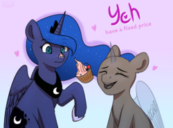 Size: 700x514 | Tagged: safe, artist:wingell, princess luna, alicorn, pony, g4, advertisement, commission, cupcake, duo, food, smiling, your character here