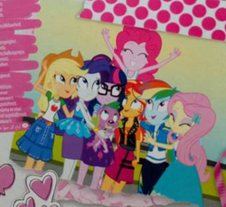 Size: 720x660 | Tagged: safe, edit, edited screencap, screencap, applejack, fluttershy, pinkie pie, rainbow dash, rarity, sci-twi, spike, spike the regular dog, sunset shimmer, twilight sparkle, dog, equestria girls, g4, my little pony equestria girls: better together, my little pony equestria girls: friendship games, official, female, geode of shielding, glasses, group hug, hug, humane five, humane seven, humane six, magical geodes, merchandise, officially edited screencap, rarity peplum dress