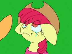 Size: 1000x750 | Tagged: safe, artist:da52, apple bloom, applejack, g4, applejack's hat, cowboy hat, crying, floppy ears, hat, wavy mouth