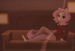 Size: 1457x1000 | Tagged: safe, artist:sarkarozka, fluttershy, anthro, g4, butterscotch, clothes, couch, looking at you, male, pants, rule 63, solo, sweater